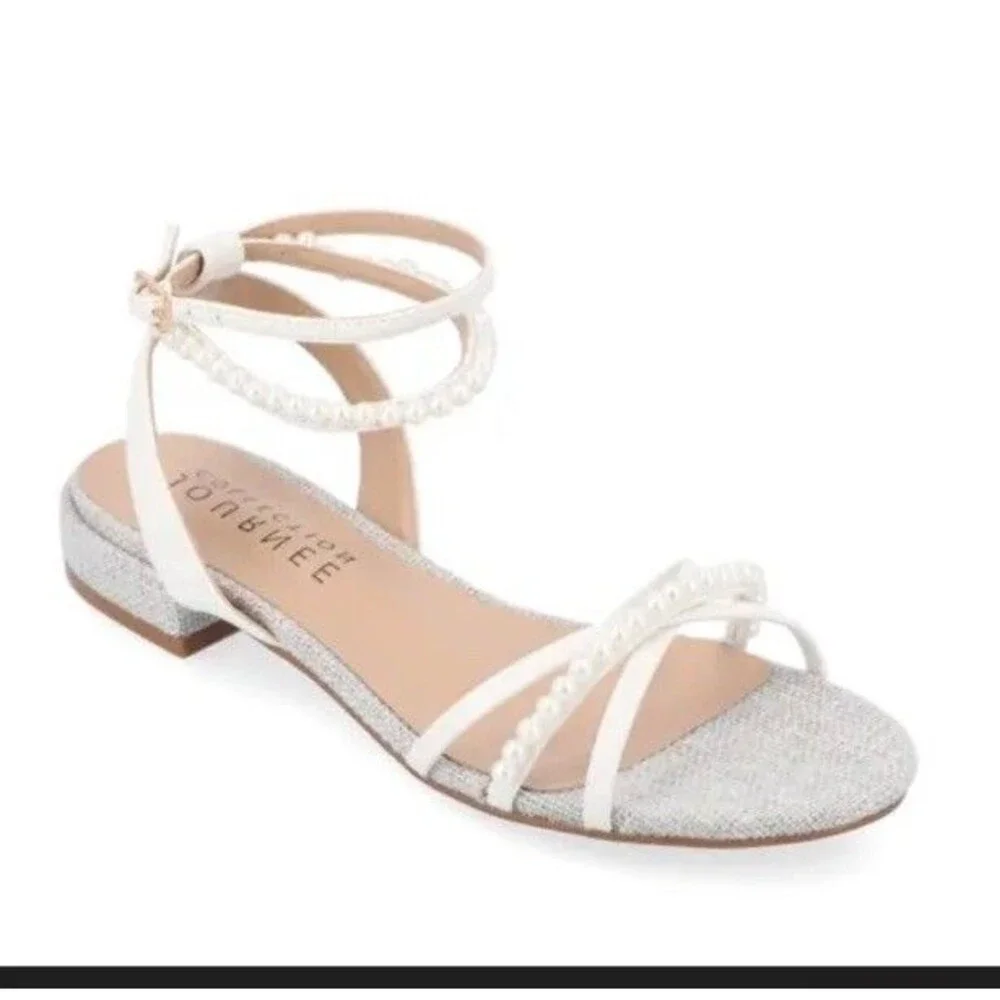 Journey Collection Tulsi Women’s 7 1/2 Pearl Ankle Strap Block Heel Sandals